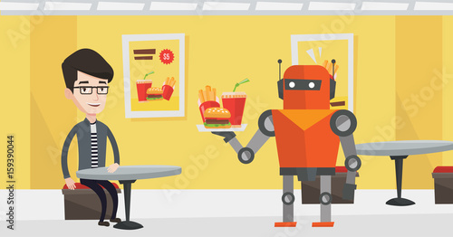 Robot waiter working in a fast food restaurant. Robot waiter holding tray with fast food. Robot waiter serving a man in a fast food restaurant. Vector flat design illustration. Horizontal layout.