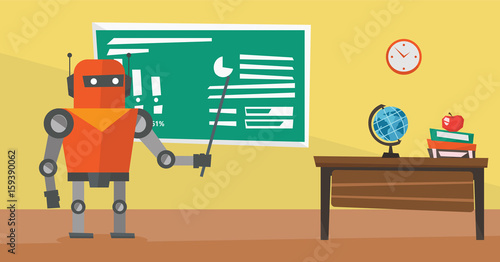 Robot teacher standing with pointer in classroom.