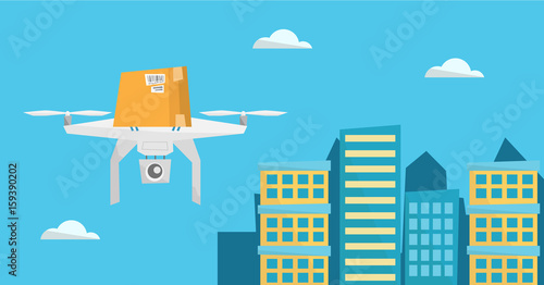 Delivery drone flying through the air with post package