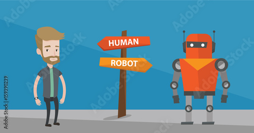 Young caucasian man and robot standing at road sign with two pathways - human and robot. Concept of choice between artificial intelligence and human. Vector flat design illustration. Horizontal layout