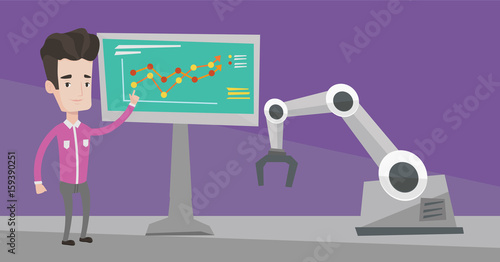 Engineer giving presentation on the theme of the use of robotic technology. Engineer and robotic arm standing on the background of board with charts. Vector flat design illustration. Horizontal layout