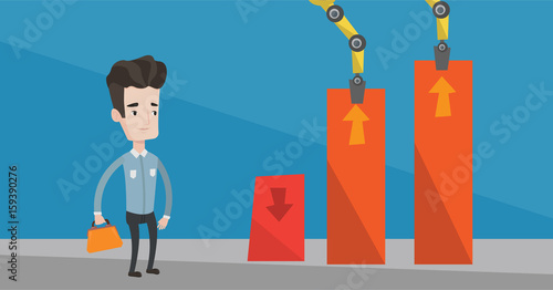 Young businessman standing next to the business charts that the robotic arm pulls up. Businessman looking at charts that the robotic arm raises up. Vector flat design illustration. Horizontal layout
