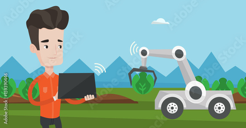 Caucasian farmer standing on the background of robot harvesting cabbage at agricultural field. Farmer checking work of robot at agricultural field. Vector flat design illustration. Horizontal layout.