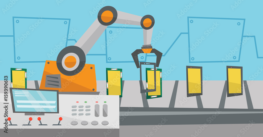 Automated robotic production line of smartphones. Automated robotic production line of smartphones.