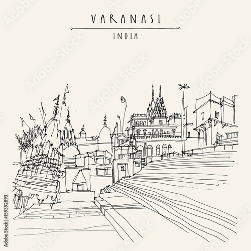 Ghat in Varanasi, India. Hand drawn architectural cityscape. Vintage artistic postcard