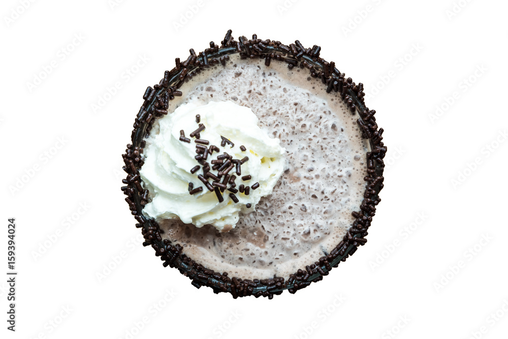 Top view of chocolate frappe with whipped cream isolated on white background Top view of chocolate frappe with whipped cream isolated on white background