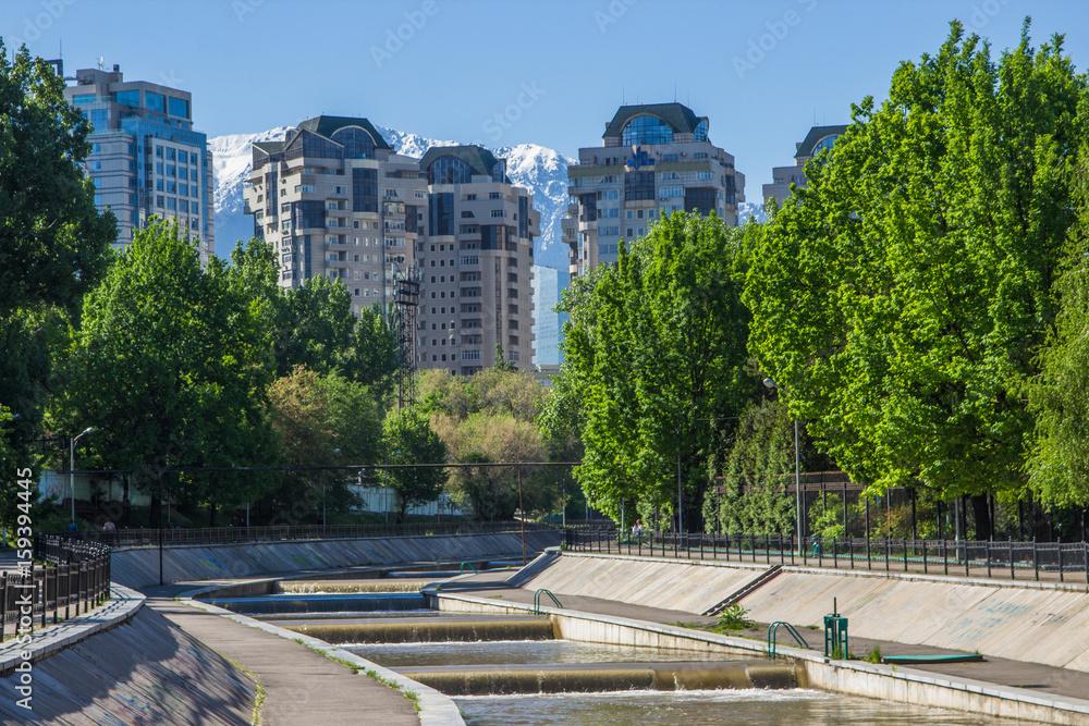 Vesnovka river in Almaty city in spring, Kazakhstan Vesnovka river in Almaty city in spring, Kazakhstan