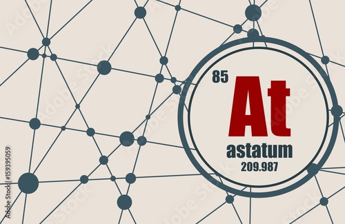 Astatum chemical element. Sign with atomic number and atomic weight. Chemical element of periodic table. Molecule And Communication Background. Connected lines with dots.