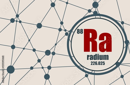 Radium chemical element. Sign with atomic number and atomic weight. Chemical element of periodic table. Molecule And Communication Background. Connected lines with dots.