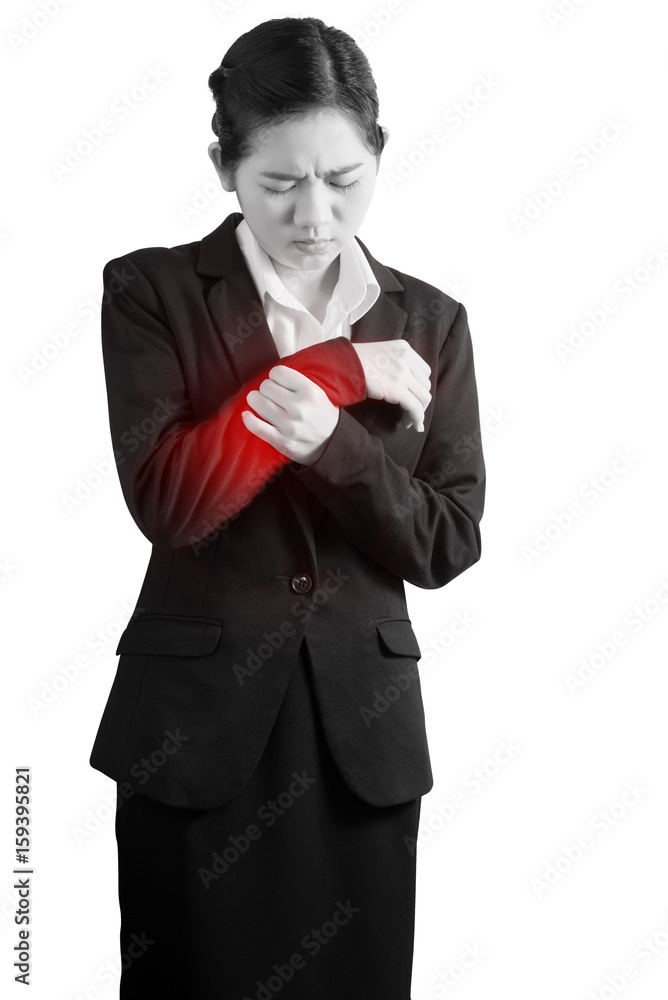 Acute pain in a woman wrist isolated on white background. Clipping path on white background. Acute pain in a woman wrist isolated on white background. Clipping path on white background.
