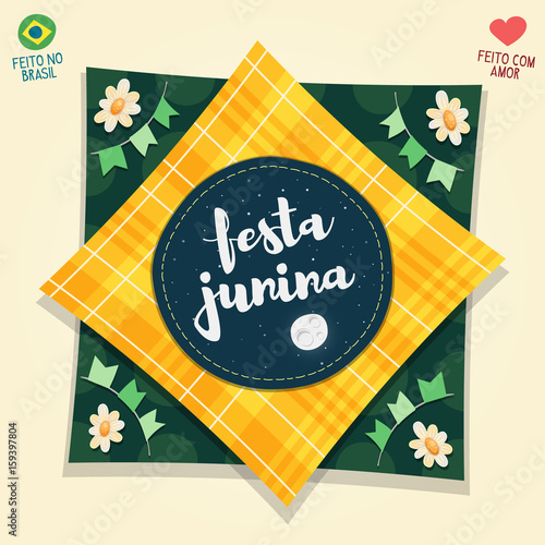 Brazilian June Party flag logo - Made in Brazil - Made with love - Vector cartoon for june party themes.