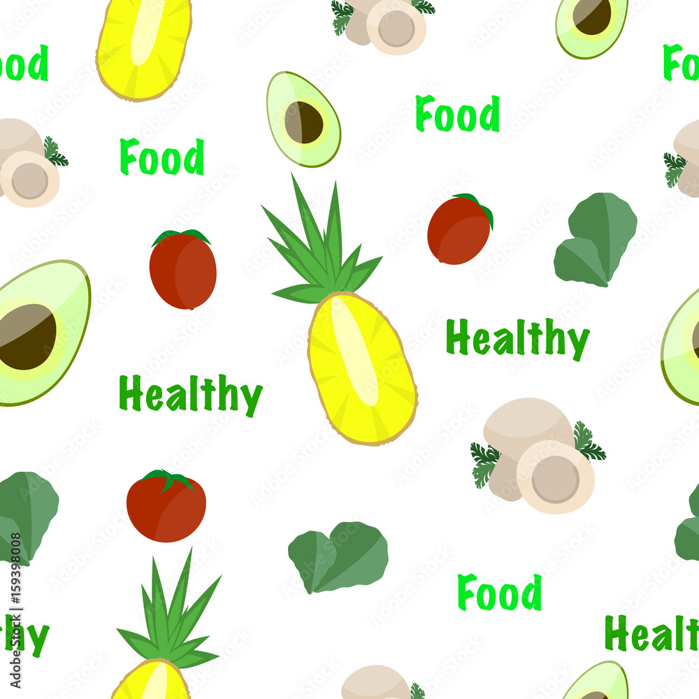 Plakat Seamless pattern of healthy food with fruits and vegetables on white background