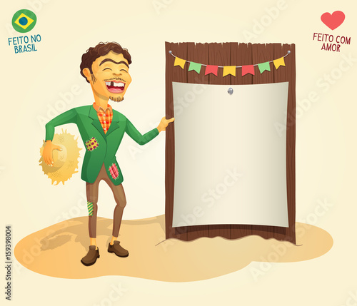 Brazilian June Party happy hillbilly holding blank thematic board - Made in Brazil - Made with love - High quality detailed vector cartoon for june party themes.