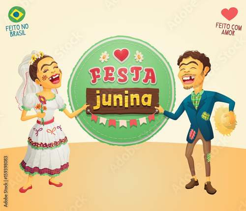 Brazilian June Party hick couple holding sign - Made in Brazil - Made with love - High quality detailed vector cartoon for june party themes.