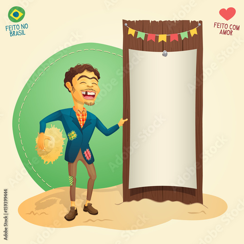 Brazilian June Party happy hillbilly holding blank thematic board - Made in Brazil - Made with love - High quality detailed vector cartoon for june party themes.
