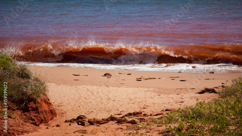 Red waves breaking on beach at high tide at James Price Point, Kimberley, Western Australia photo