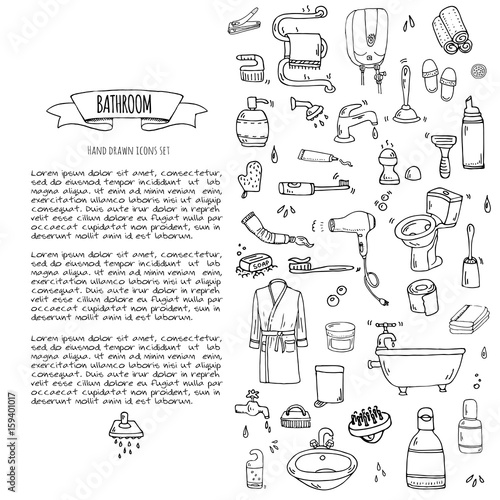 Hand drawn doodle Bathroom related icons set Vector illustration home bath symbols collection Cartoon elements on white background Sketch Toilet Sink Shower Bathtub Lavatory Towel Robe Slippers Fan