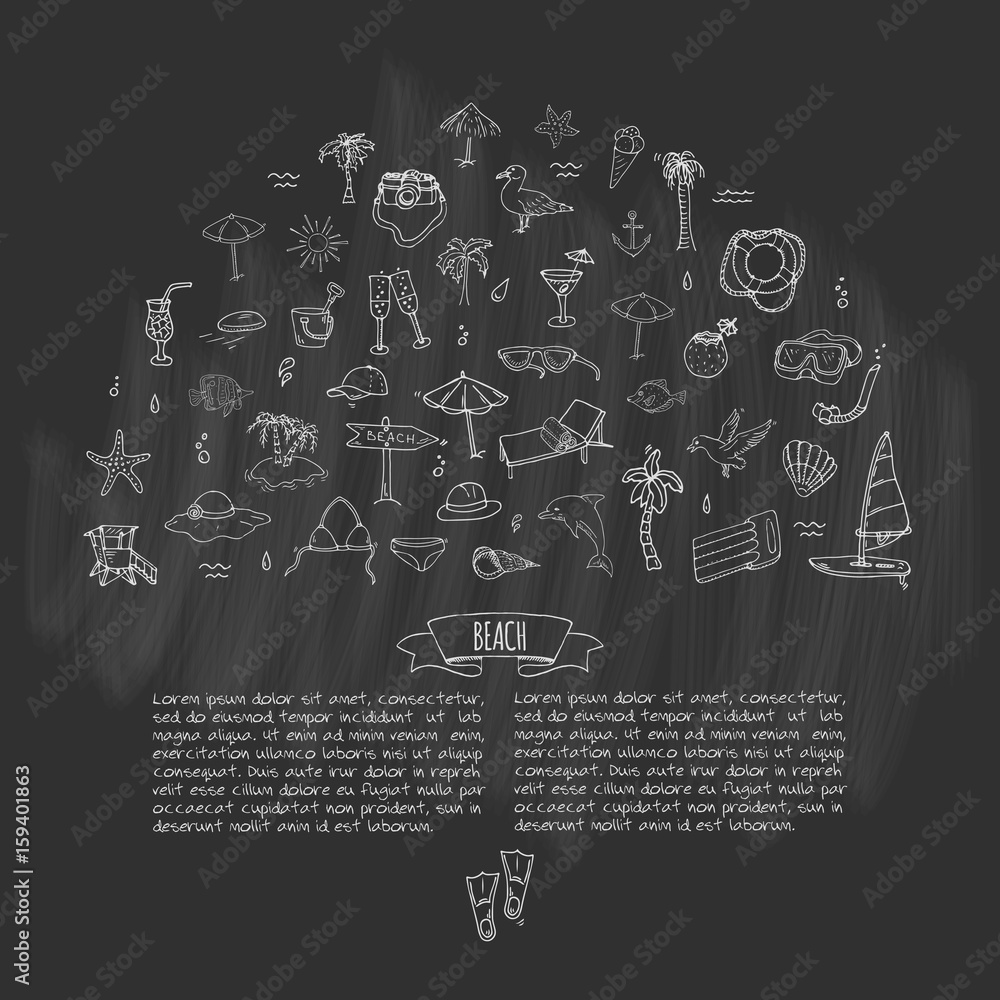 Hand drawn doodle Beach set icons Vector illustration Sketchy summer ...