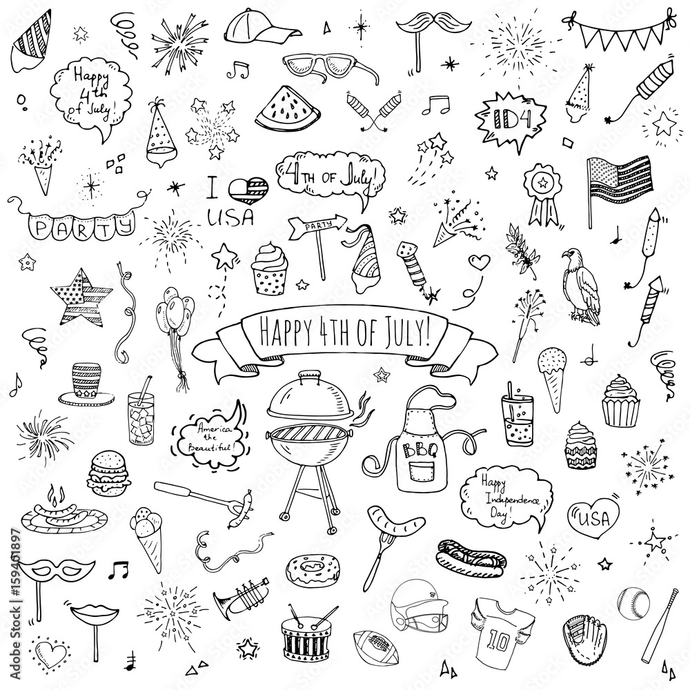 Hand drawn doodle Happy 4th of July icons set Vector illustration USA independence day symbols collection Cartoon sketch celebration elements: BBQ, food, drink, party, rocket, fireworks, American flag