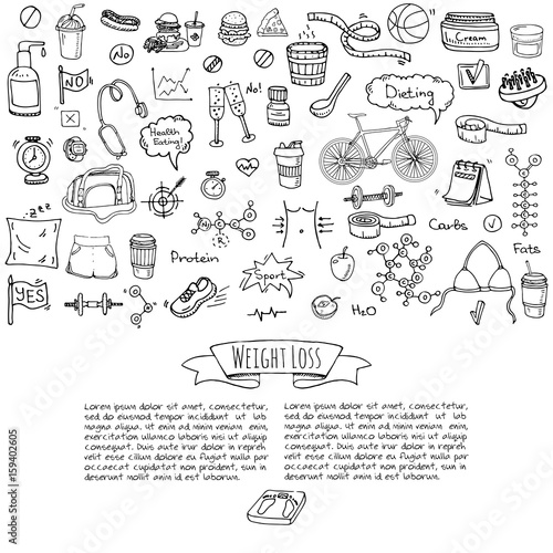 Hand drawn doodle Weight loss icons set Vector illustration dieting symbols collection Cartoon sketch elements Diet Sport equipment Healthy food eating Nutrition Protein Carbs Fats chemical formula