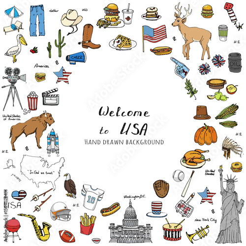 Hand drawn doodle USA set Vector illustration Sketchy american icons United States of America elements Flag Statue of Liberty Eagle Fast food Corn Skyscraper Deer Bison Cowboy hat boot Native American