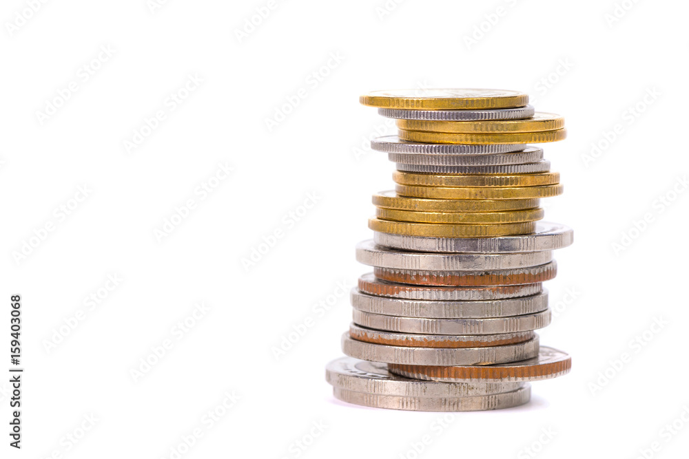 Columns of coins, piles of coins on white background Columns of coins, piles of coins on white background