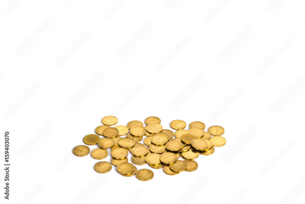 Gold coins on white background, business banking idea. Gold coins on white background, business banking idea.