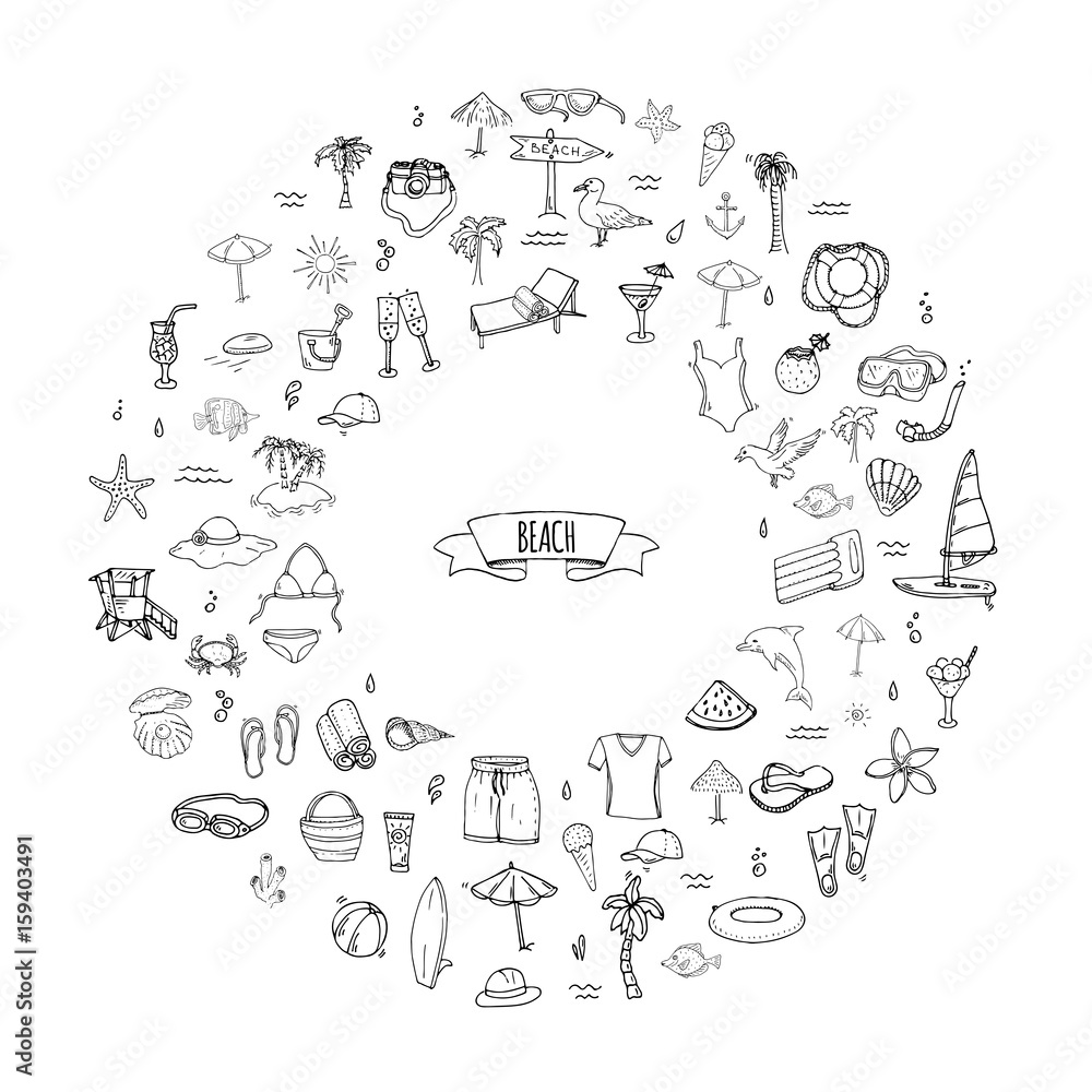 Hand drawn doodle Beach set icons Vector illustration Sketchy summer vacation elements collection Isolated holiday objects Cartoon sea relax journey symbols Summertime traveling background Hand drawn doodle Beach set icons Vector illustration Sketchy summer vacation elements collection Isolated holiday objects Cartoon sea relax journey symbols Summertime traveling background