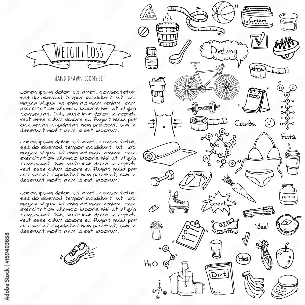 Hand drawn doodle Weight loss icons set Vector illustration dieting symbols collection Cartoon sketch elements Diet Sport equipment Healthy food eating Nutrition Protein Carbs Fats chemical formula Hand drawn doodle Weight loss icons set Vector illustration dieting symbols collection Cartoon sketch elements Diet Sport equipment Healthy food eating Nutrition Protein Carbs Fats chemical formula