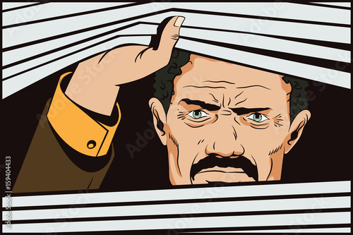 Man looking out windows. Stock illustration.