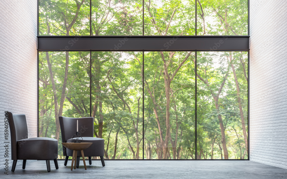 Modern loft living room with nature view 3d rendering image Furnished ...