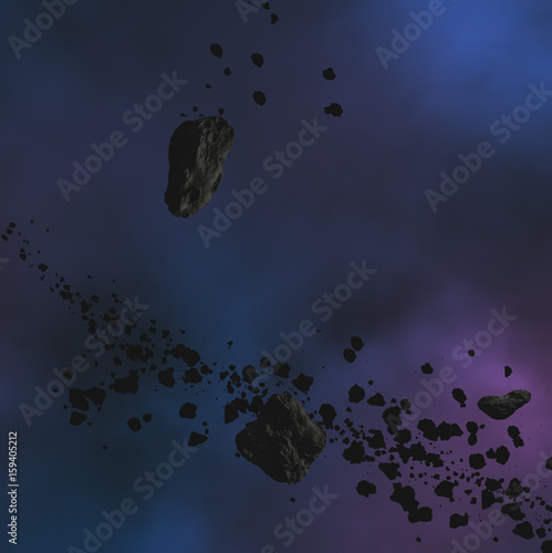 Asteroids and meteors in the Milky Way. 3D render / illustration.