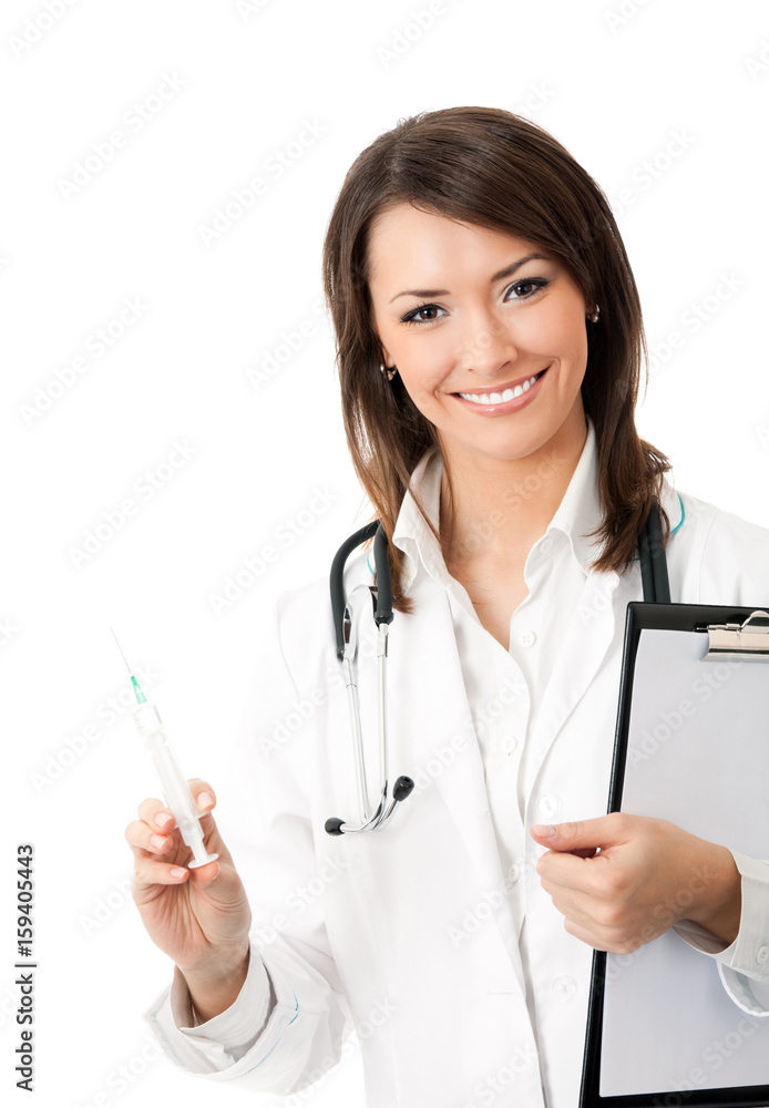 Doctor with syringe and clipboard, over white Doctor with syringe and clipboard, over white