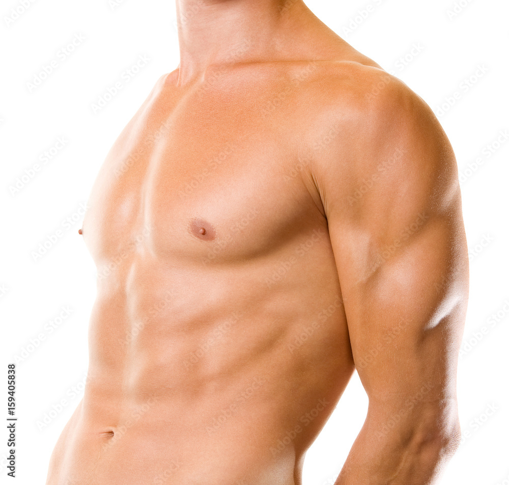 Close up of muscular male torso, over white Close up of muscular male torso, over white