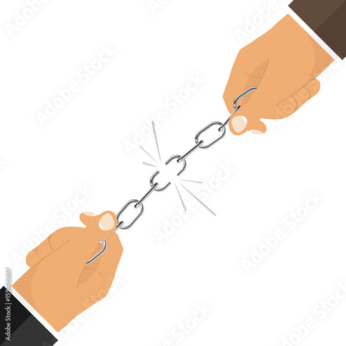 Broken chain, hands tearing the chain