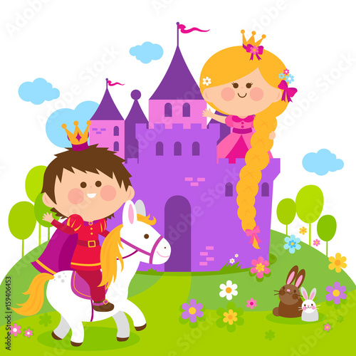 Rapunzel princess at the castle and prince riding a horse. Vector illustration