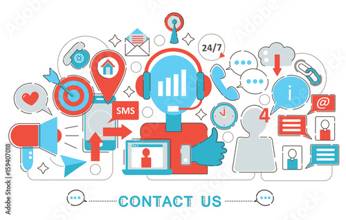 Modern Flat thin Line design Contact us support concept for web banner website, presentation, flyer and poster.