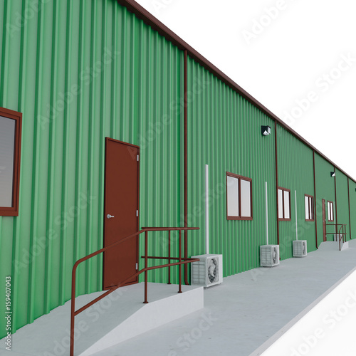 Prefab green steel building garage door on white. 3D illustration
