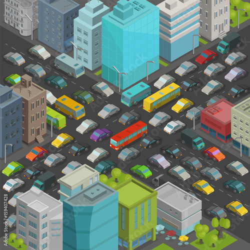 City street Intersection traffic jams road Isometric projection view. A lot cars end buildings top view Vector illustration