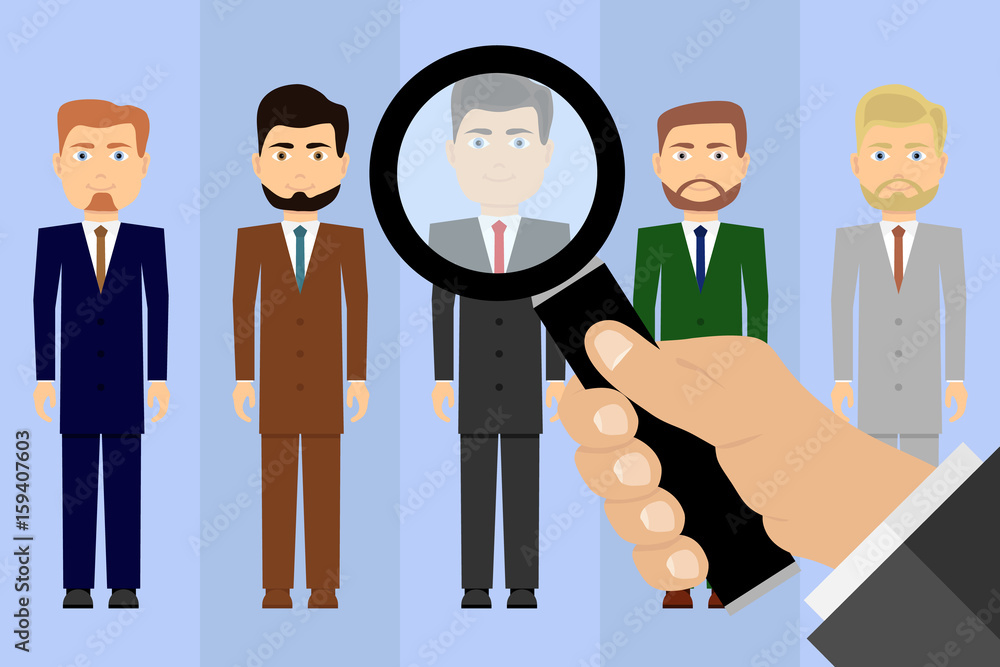 Selection of candidates for work. Job seekers. A hand with a magnifying glass looks at the candidates Selection of candidates for work. Job seekers. A hand with a magnifying glass looks at the candidates