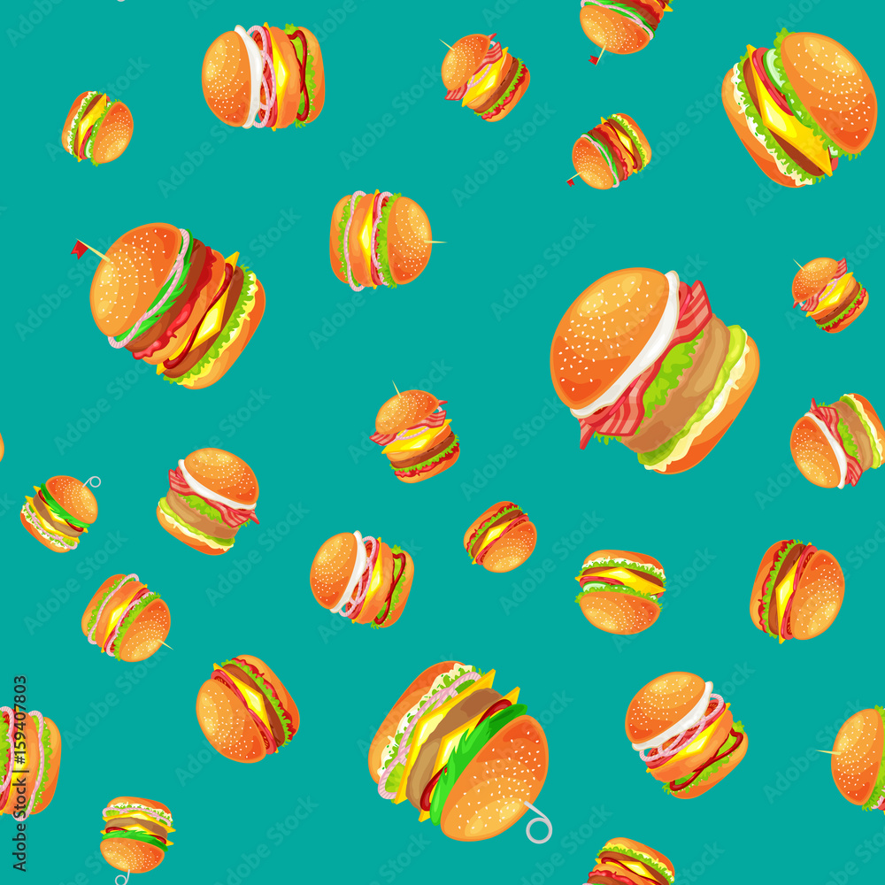 Seamless pattern tasty burger grilled beef and fresh vegetables dressed with sauce bun for snack, american hamburger fast food meal menu barbecue meat vecor illustration background