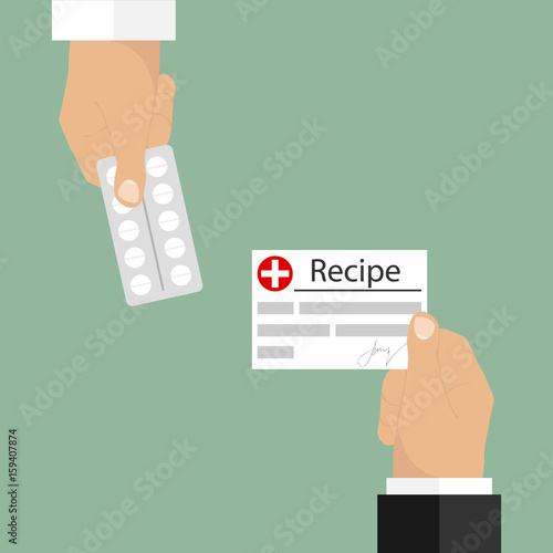 A recipe in exchange for a medicine. The hand holds out the recipe.