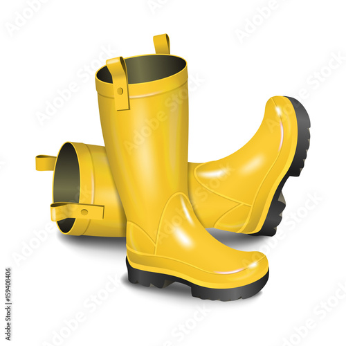 Pair of gumboots. Rain yellow boots isolated on white background. Realistic vector illustration.
