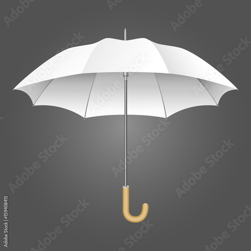 White open umbrella isolated on dark background. Light gray realistic umbrella. Vector illustration.