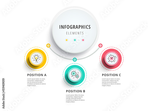 Business 3 step process chart infographics with step circles. Circular corporate graphic elements. Company presentation slide template. Modern vector info graphic layout design.