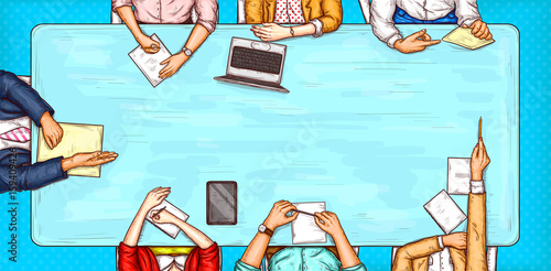 Vector pop art illustration of a man and a woman sitting at a negotiation table top view, concept of brainstorming