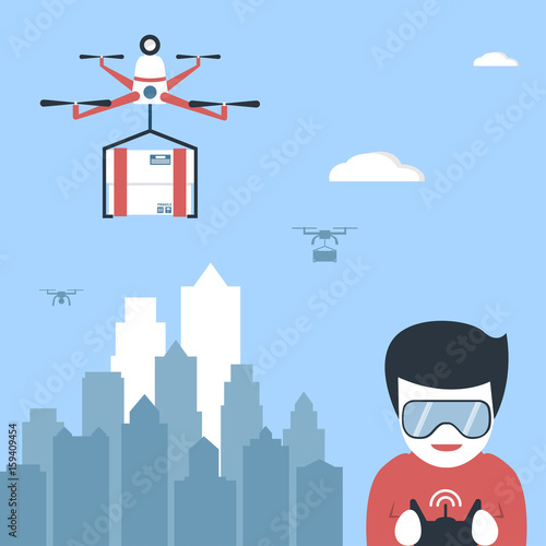 Quadcopterwith boc flying above town and a boy with remote controle in hands