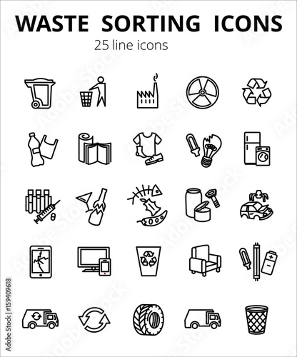 Simple Set of Garbage Related Vector Line Icons. Contains such Icons as Cardboard, Organic Waste, Plastic, Rubber, Paper Waste, Car repair