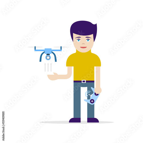 Young man with air drone and remote controle, vector art