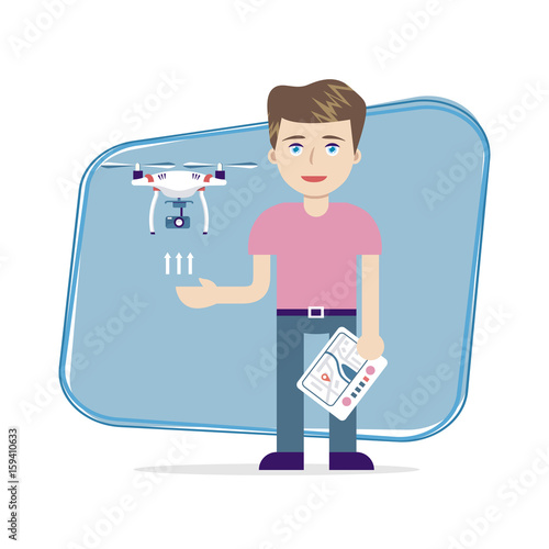 Young man with air drone and remote controle, vector art